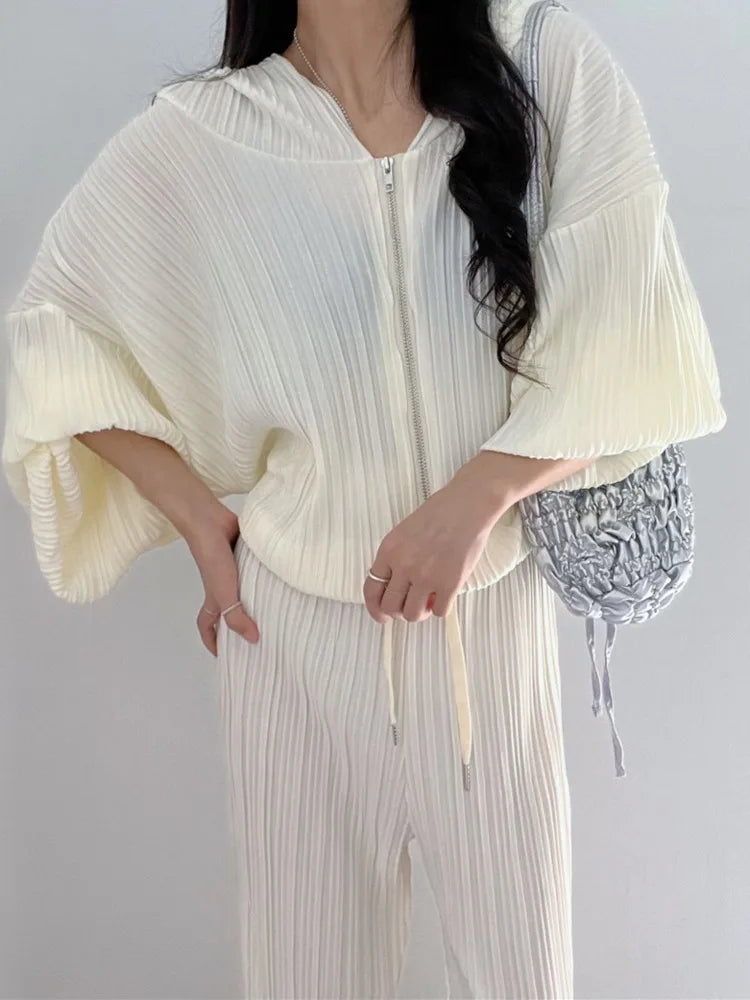 Pleated Two-piece Suits For Women V-neck Hooded Long Sleeve Jacket+High Waist Wide Leg Pants  New Tide Set