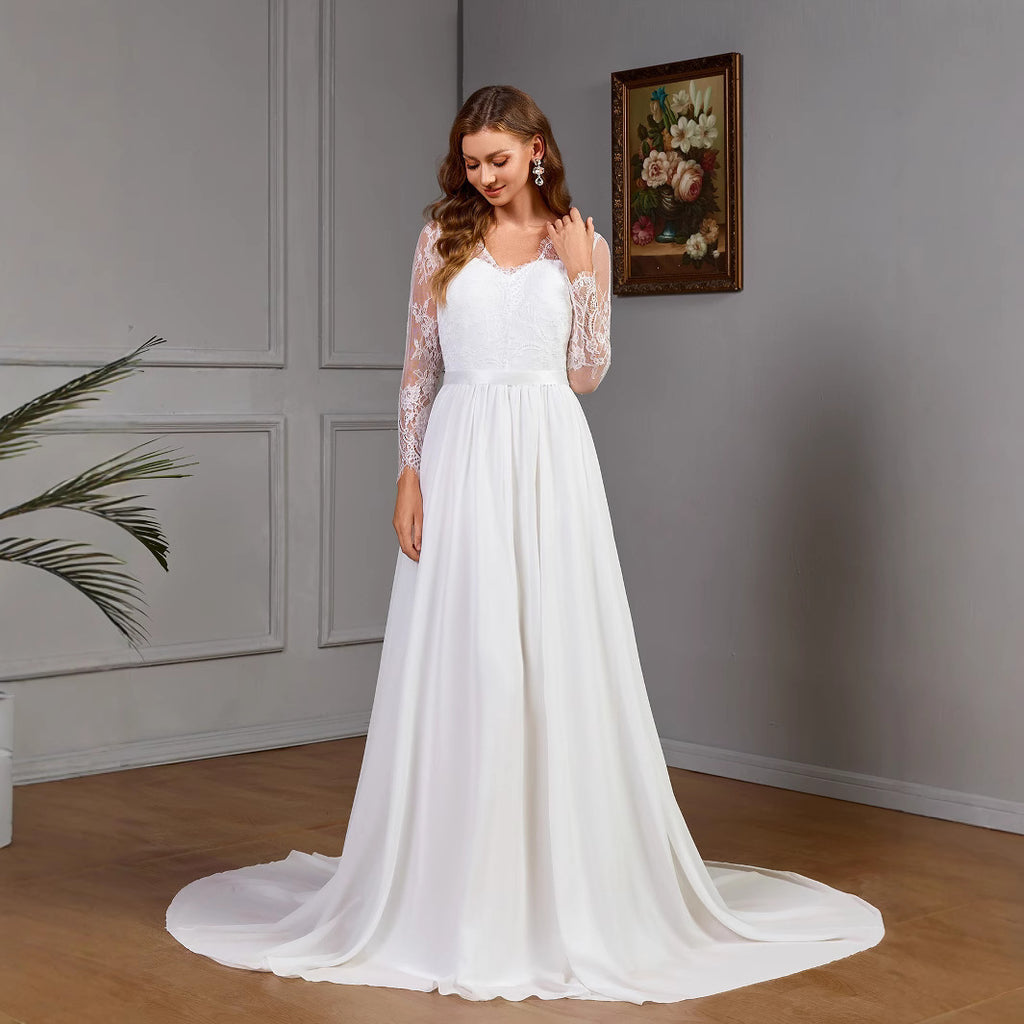 Lace long sleeve wedding bridal dress with built-in bra
