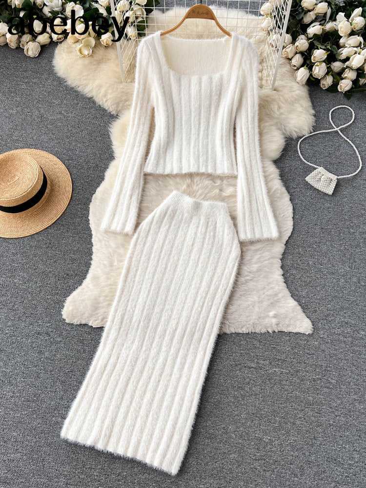 Knitted Two Pieces Suits Soft Sweater Short Top+High Waist Midi Long Skirt Suits