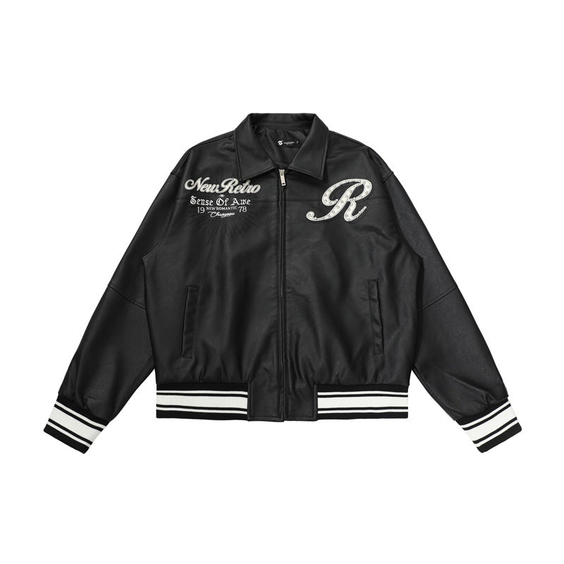 Rhinestone Embroidery  Leather Baseball Jacket for Men and Women, Loose Fit Versatile Jacket Outerwear