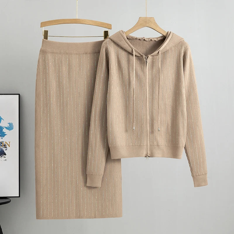 Knitted Cardigan High Waisted Buttocks Wrapped  Skirt 2 Piece Suits